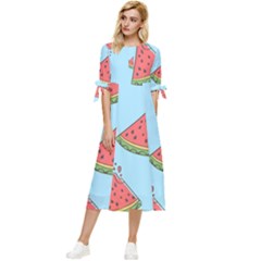 Watermelon Fruit Pattern Tropical Bow Sleeve Chiffon Midi Dress by Apen