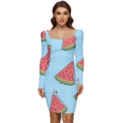 Watermelon Fruit Pattern Tropical Women Long Sleeve Ruched Stretch Jersey Dress by Apen