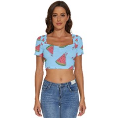 Watermelon Fruit Pattern Tropical Short Sleeve Square Neckline Crop Top  by Apen