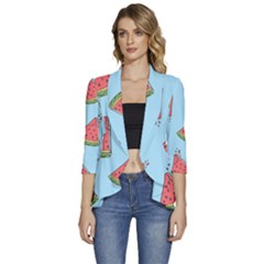 Watermelon Fruit Pattern Tropical Women s 3/4 Sleeve Ruffle Edge Open Front Jacket by Apen