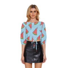 Watermelon Fruit Pattern Tropical Mid Sleeve Drawstring Hem Top by Apen