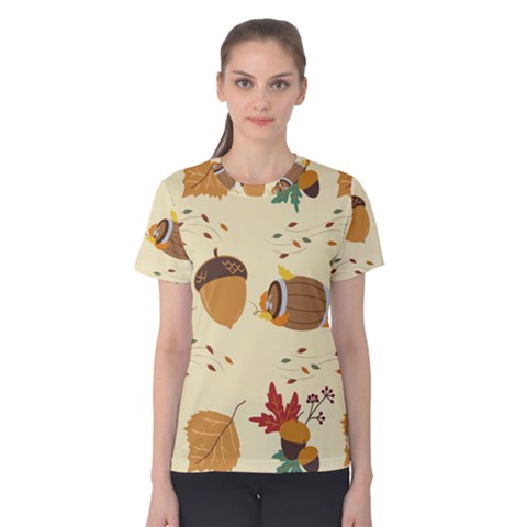 Leaves Foliage Acorns Barrel Women s Cotton T-shirt by Apen