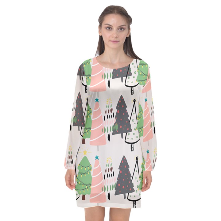 Christmas Trees Icons Long Sleeve Chiffon Shift Dress 