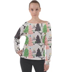 Christmas Trees Icons Off Shoulder Long Sleeve Velour Top by Apen