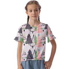 Christmas Trees Icons Kids  Cuff Sleeve Scrunch Bottom T-shirt