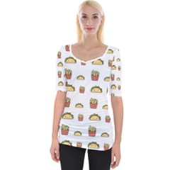 Fries Taco Pattern Fast Food Wide Neckline T-Shirt