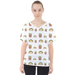 Fries Taco Pattern Fast Food V-Neck Dolman Drape Top