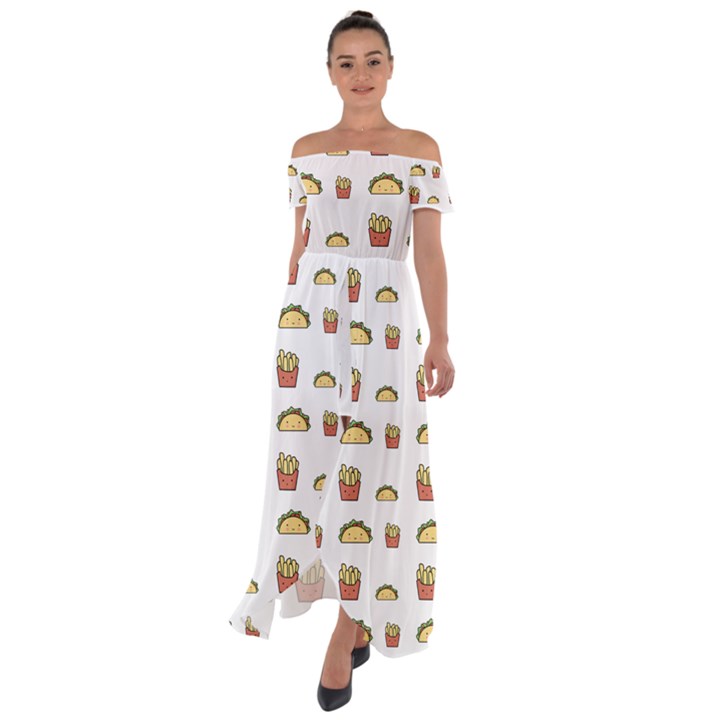 Fries Taco Pattern Fast Food Off Shoulder Open Front Chiffon Dress