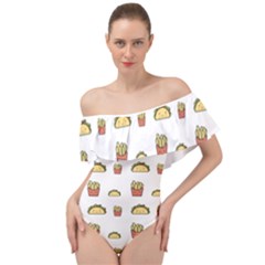 Fries Taco Pattern Fast Food Off Shoulder Velour Bodysuit 