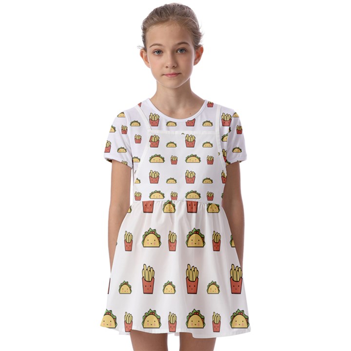 Fries Taco Pattern Fast Food Kids  Short Sleeve Pinafore Style Dress