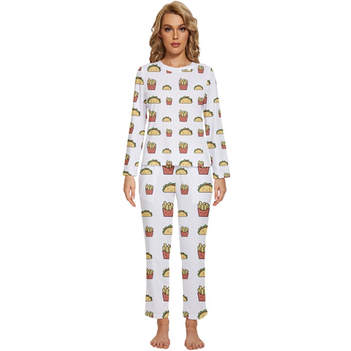 Fries Taco Pattern Fast Food Womens  Long Sleeve Lightweight Pajamas Set