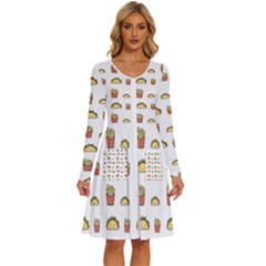 Fries Taco Pattern Fast Food Long Sleeve Dress With Pocket