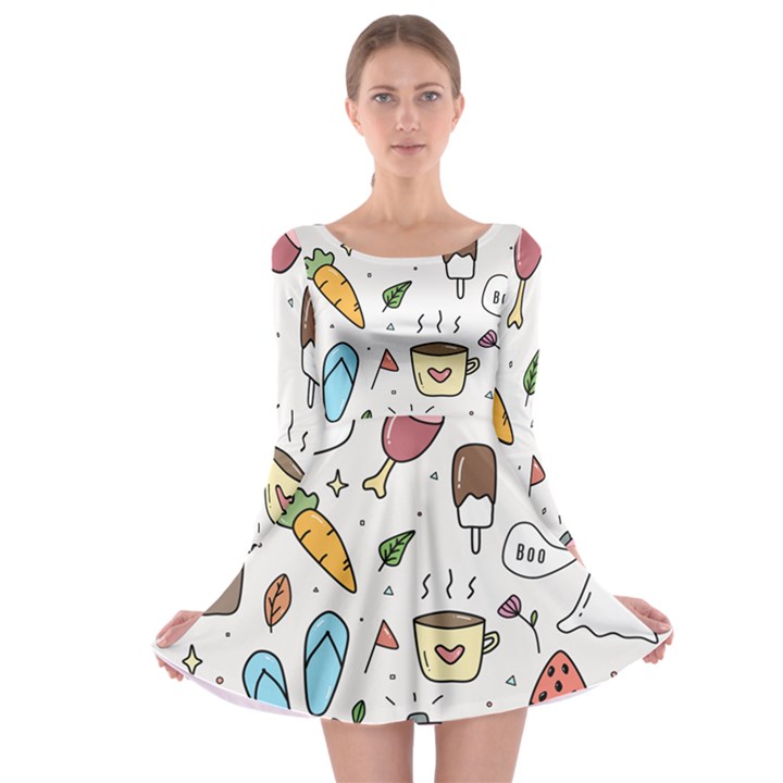 Doodle Fun Food Drawing Cute Long Sleeve Skater Dress