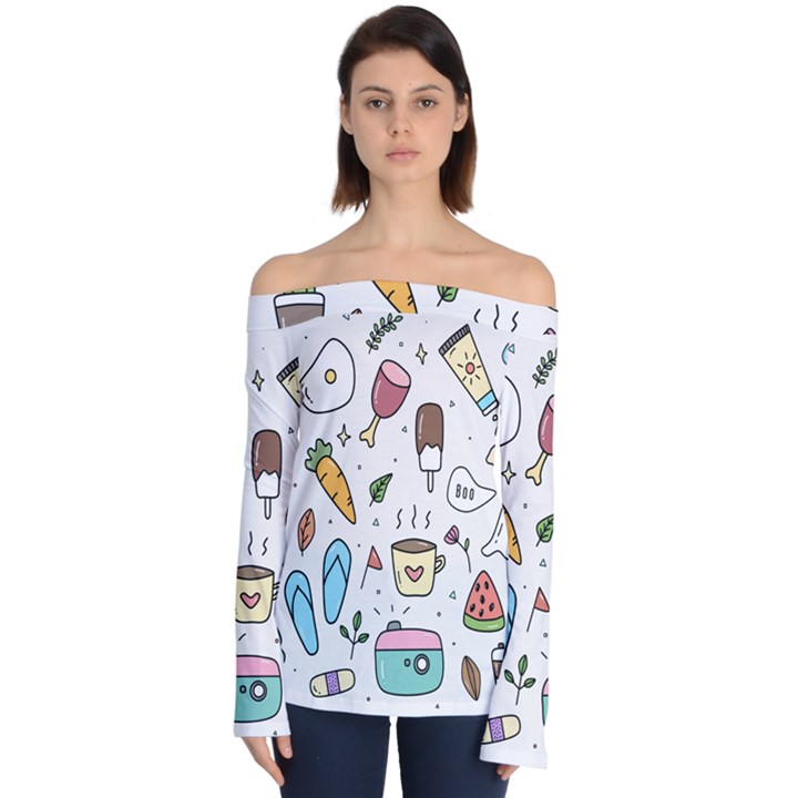 Doodle Fun Food Drawing Cute Off Shoulder Long Sleeve Top