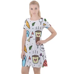 Doodle Fun Food Drawing Cute Cap Sleeve Velour Dress  by Apen