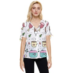 Doodle Fun Food Drawing Cute Bow Sleeve Button Up Top by Apen