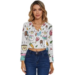 Doodle Fun Food Drawing Cute Long Sleeve V-neck Top by Apen