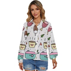 Doodle Fun Food Drawing Cute Women s Long Sleeve Button Up Shirt