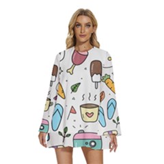 Doodle Fun Food Drawing Cute Round Neck Long Sleeve Bohemian Style Chiffon Mini Dress by Apen