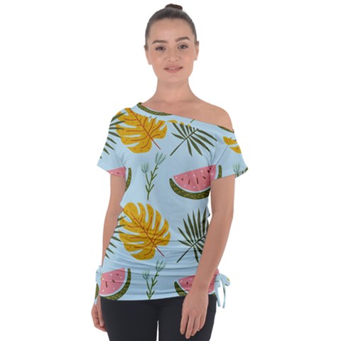 Watermelon Leaves Fruit Foliage Off Shoulder Tie-up T-shirt by Apen