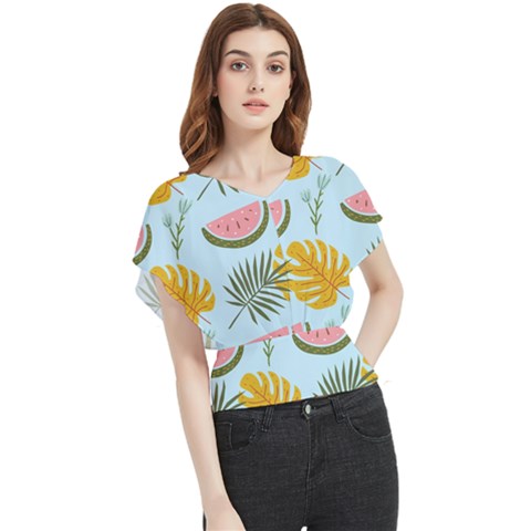 Watermelon Leaves Fruit Foliage Butterfly Chiffon Blouse by Apen