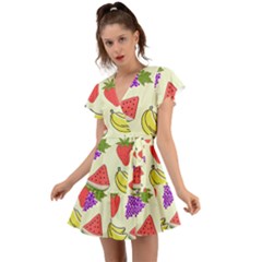 Fruits Pattern Background Food Flutter Sleeve Wrap Dress