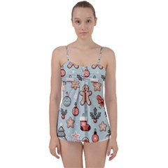 Christmas Cartoon Pattern Babydoll Tankini Top