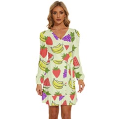 Fruits Pattern Background Food Long Sleeve Waist Tie Ruffle Velvet Dress