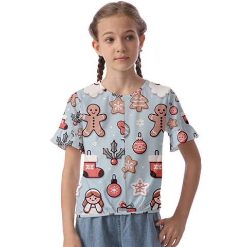 Christmas Cartoon Pattern Kids  Cuff Sleeve Scrunch Bottom T-shirt by Apen