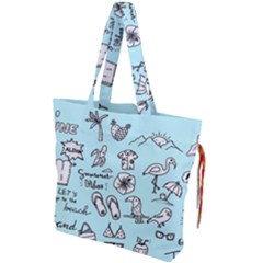 June Doodle Tropical Beach Sand Drawstring Tote Bag by Apen