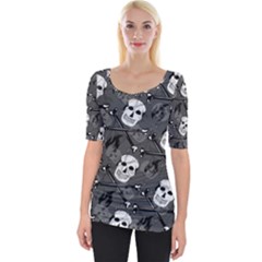 Skull Skeleton Pattern Texture Wide Neckline T-shirt