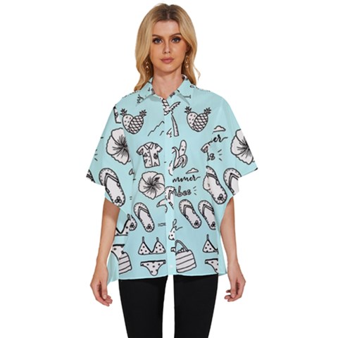 June Doodle Tropical Beach Sand Women s Batwing Button Up Shirt by Apen