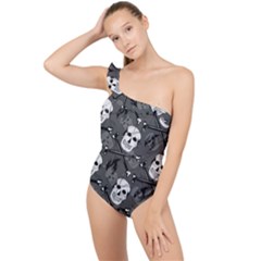 Skull Skeleton Pattern Texture Frilly One Shoulder Swimsuit by Apen