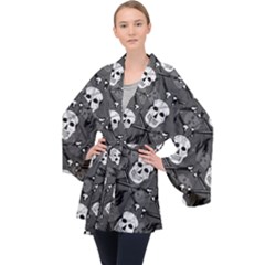 Skull Skeleton Pattern Texture Long Sleeve Velvet Kimono  by Apen