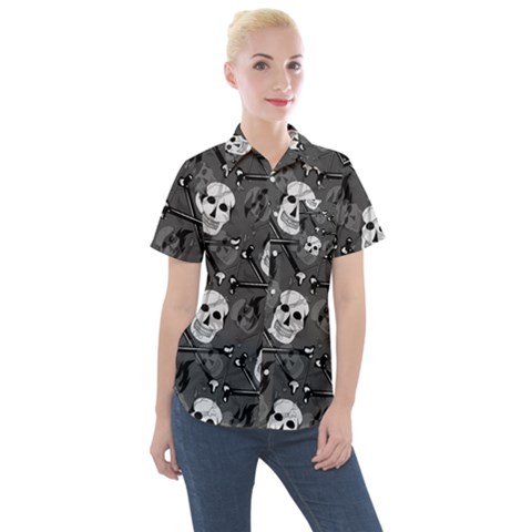 Skull Skeleton Pattern Texture Women s Short Sleeve Pocket Shirt by Apen