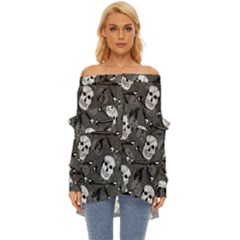 Skull Skeleton Pattern Texture Off Shoulder Chiffon Pocket Shirt by Apen