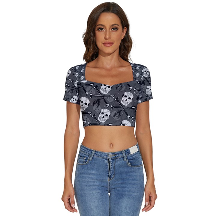 Skull Skeleton Pattern Texture Short Sleeve Square Neckline Crop Top 