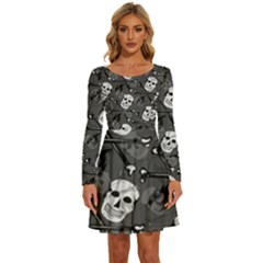 Skull Skeleton Pattern Texture Long Sleeve Wide Neck Velvet Dress by Apen