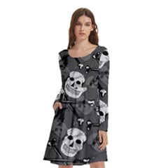 Skull Skeleton Pattern Texture Long Sleeve Knee Length Skater Dress With Pockets by Apen