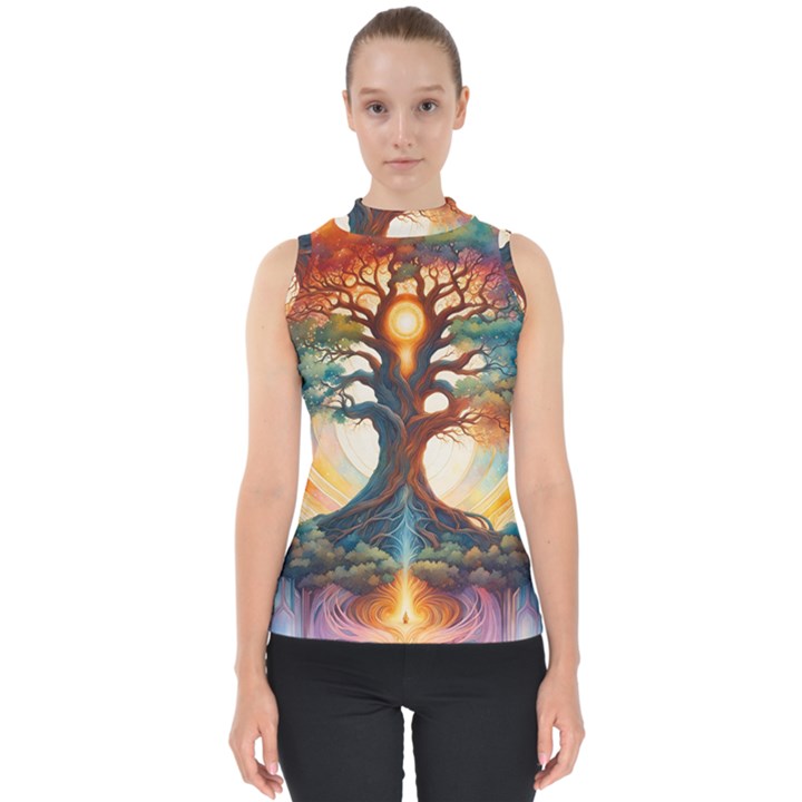 Tree Cosmic Spiritual Meditation Mock Neck Shell Top