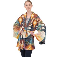 Tree Cosmic Spiritual Meditation Long Sleeve Velvet Kimono  by Apen