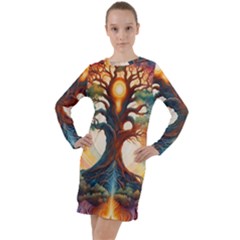 Tree Cosmic Spiritual Meditation Long Sleeve Hoodie Dress