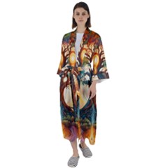 Tree Cosmic Spiritual Meditation Maxi Satin Kimono by Apen