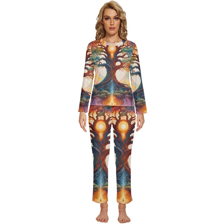 Tree Cosmic Spiritual Meditation Womens  Long Sleeve Lightweight Pajamas Set