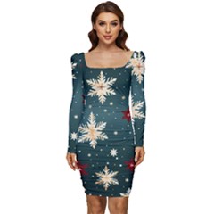 Snowflakes Winter Snow Women Long Sleeve Ruched Stretch Jersey Dress