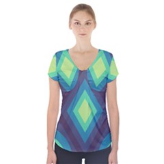 Pattern Blue Green Retro Design Short Sleeve Front Detail Top by Ravend