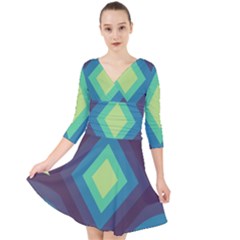 Pattern Blue Green Retro Design Quarter Sleeve Front Wrap Dress