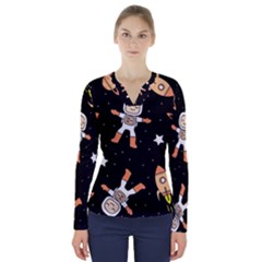 Astronaut Space Rockets Spaceman V-neck Long Sleeve Top by Ravend