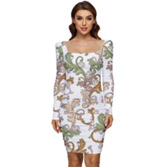 Pattern Design Art Decoration Women Long Sleeve Ruched Stretch Jersey Dress