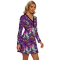 Pumpkins Ghosts Skeleton Pattern Long Sleeve Deep V Mini Dress  View3